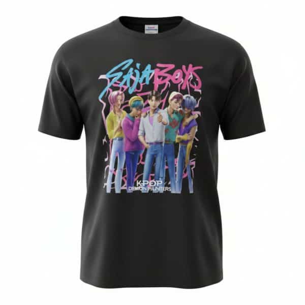 Camiseta de K-pop con grupo de jóvenes en estilo colorido y moderno.