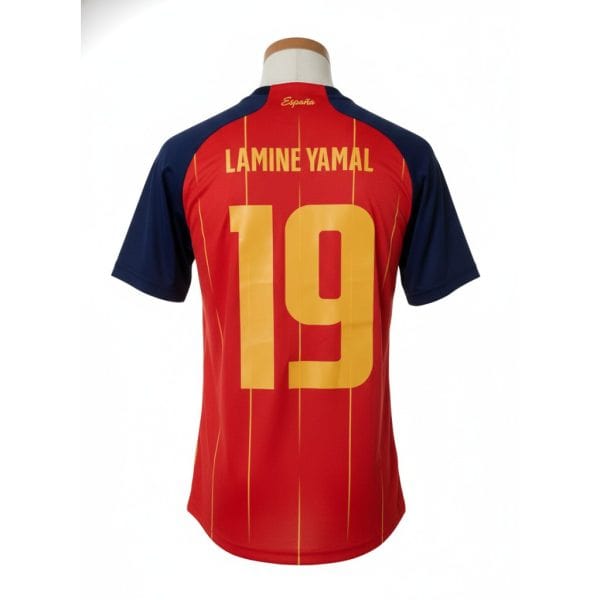 Camiseta de fútbol de España con nombre Lamine Yamal y número 19.