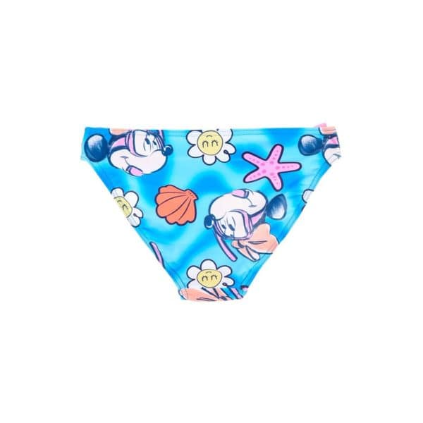 Bañador infantil con diseño de conchas, estrellas y personajes de dibujos animados en azul.