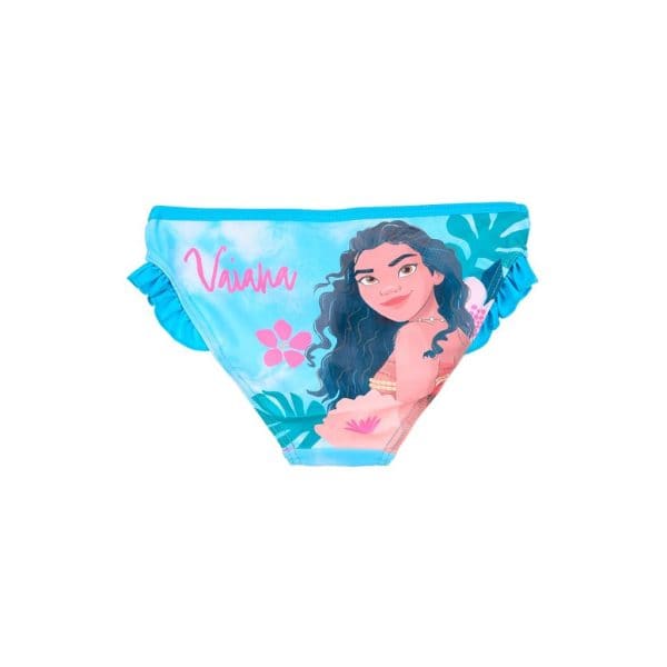 Bañador infantil con diseño de princesa y flores en tonos azules y rosas.